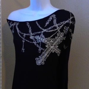 Katydid Womens Rhinestone Cross One Sleeve shirt